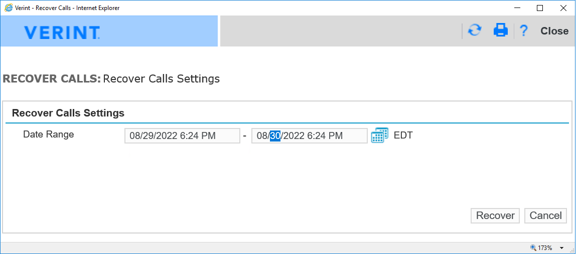 Call Recovery settings - choose the start and end times for the period of recovery.