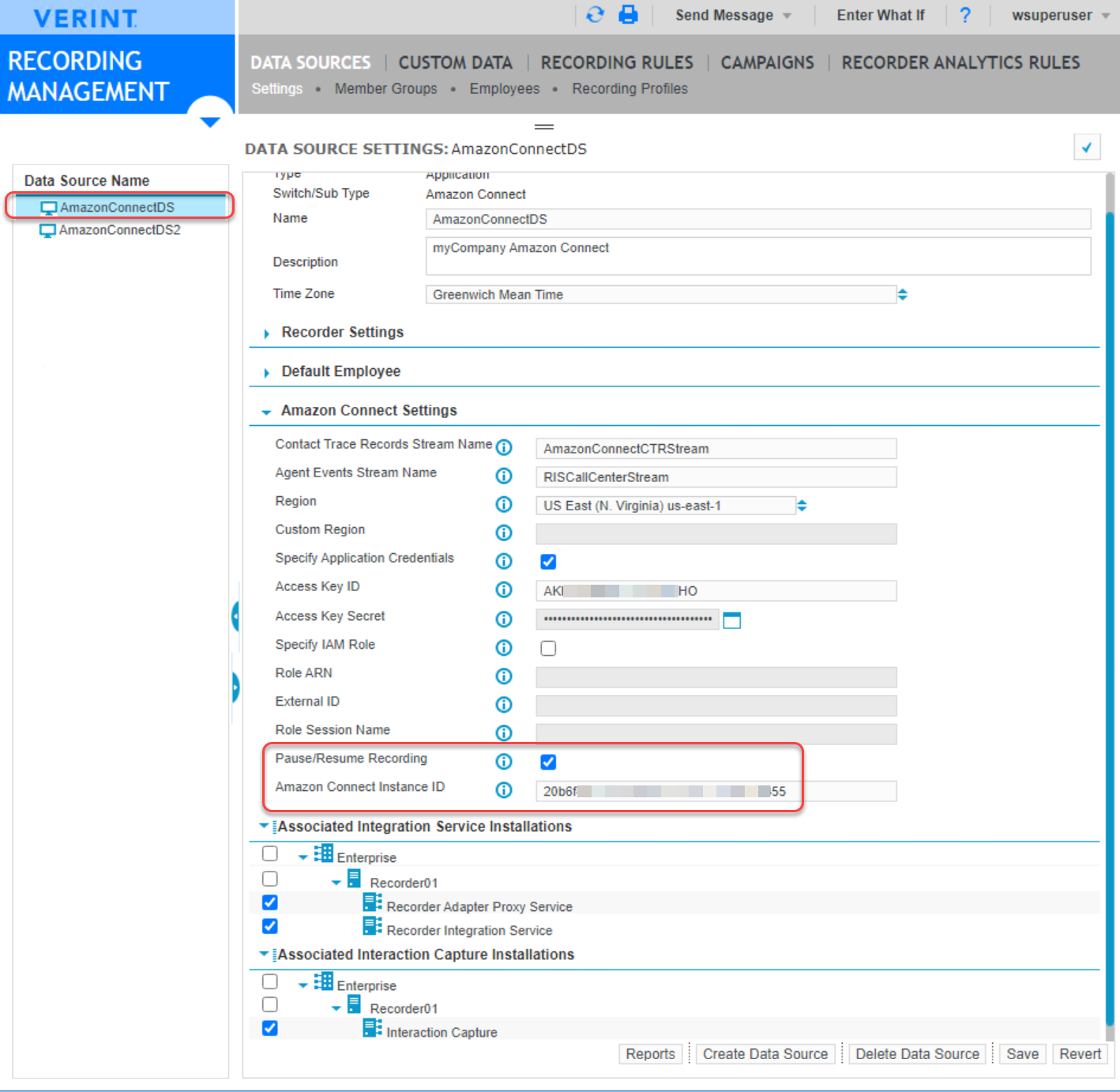 Verint Amazon Connect Data Source showing the settings required to enable Call Recovery.