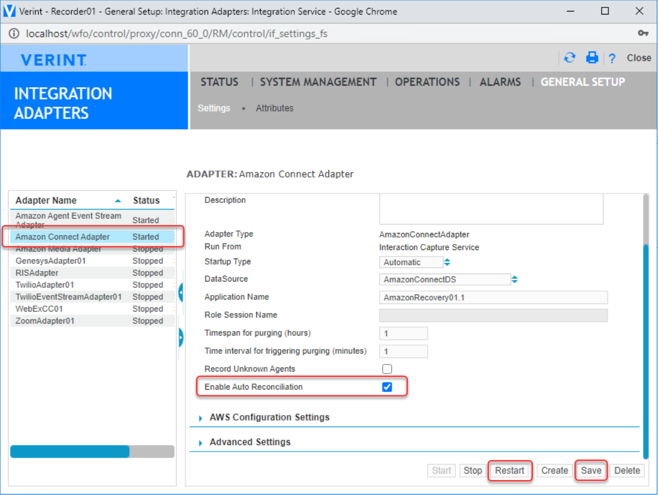 Amazon Connect Adapter setting for call recovery.