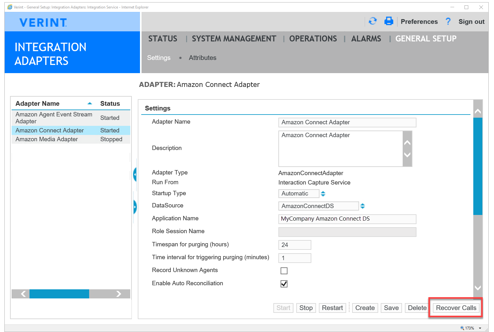 Amazon Connect Adapter setting for call recovery.