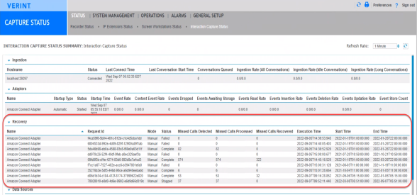 The Capture Status report showing the status of call recovery process run for Amazon Connect.