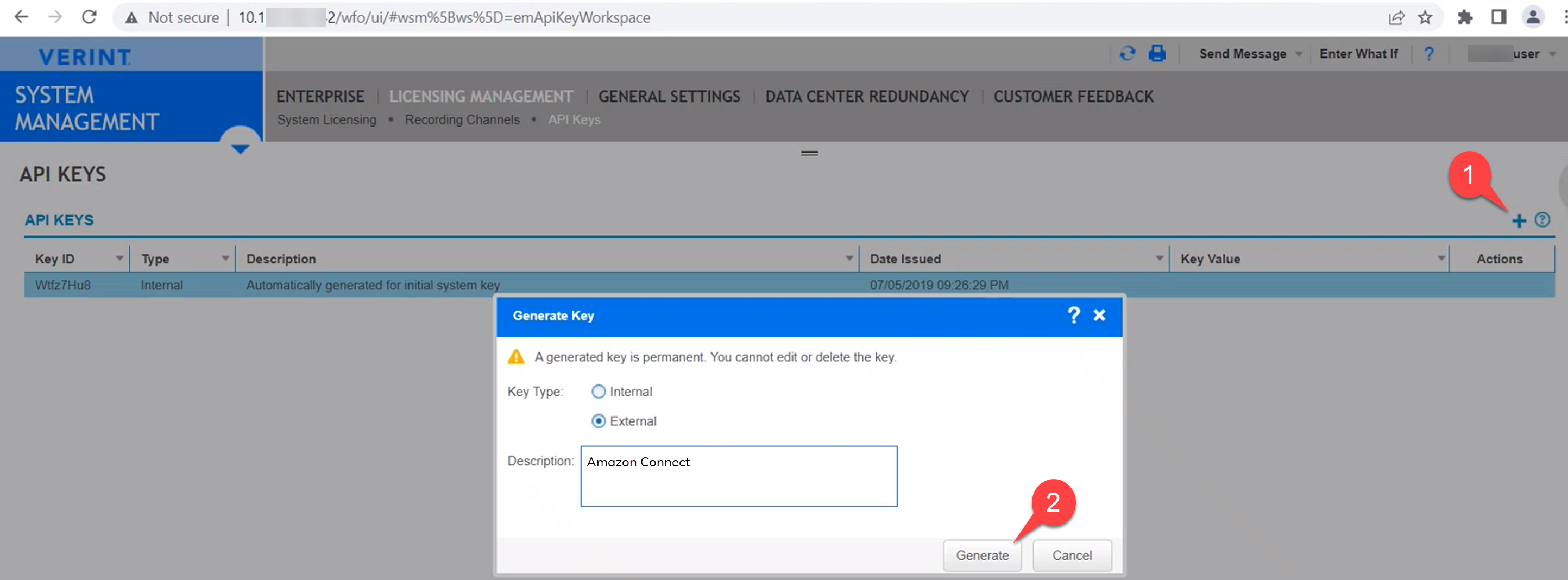 Generate an external API Key on the Recorder for Amazon Connect and Postman to use.