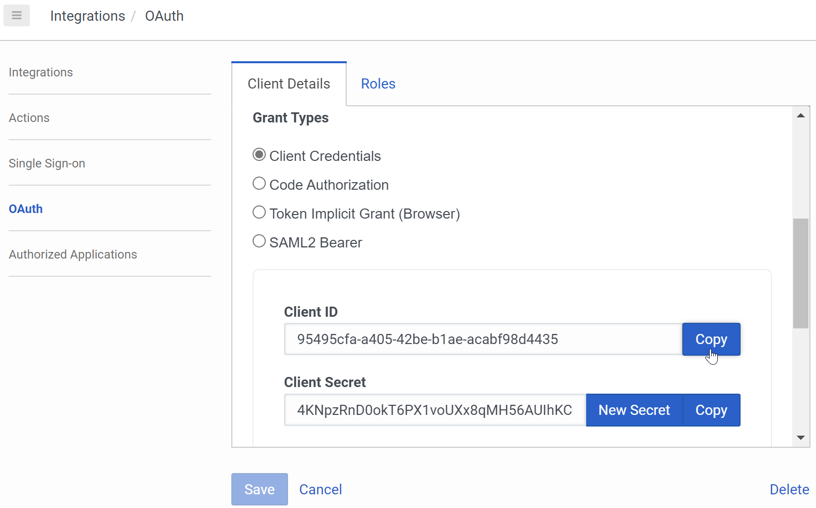 Screen shot of Genesys Cloud Oauth client; copy the client ID and secret.