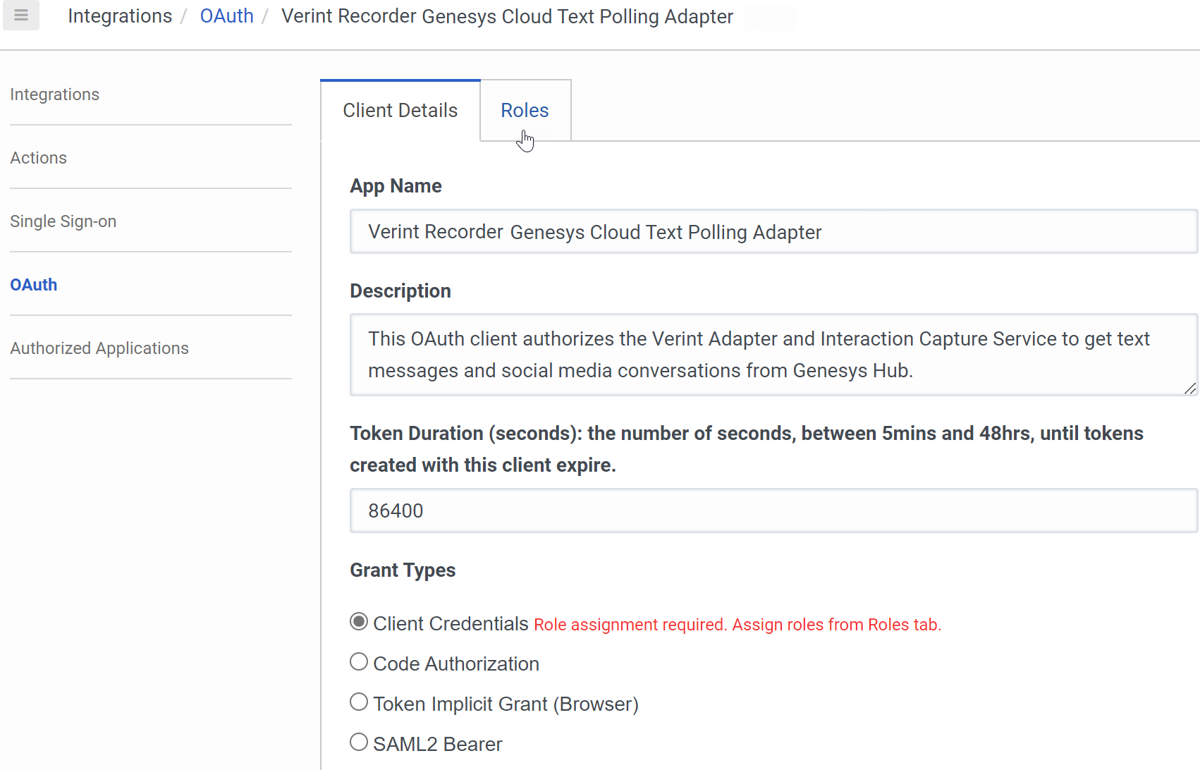 Example of the Genesys Cloud OAuth Client Details page for Verint text capture