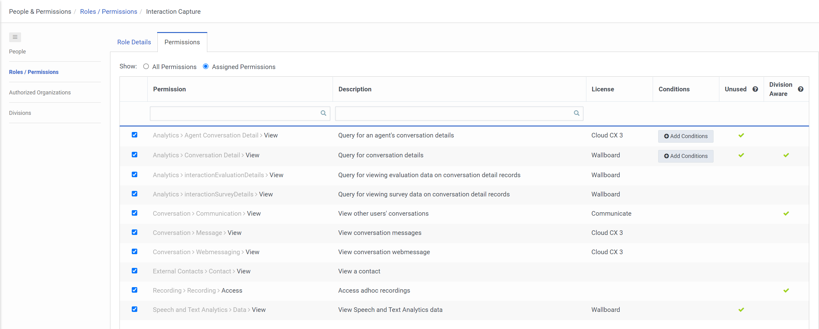In Genesys Cloud Admin page, create a role with the minimum permissions required for Verint Interaction Capture service.