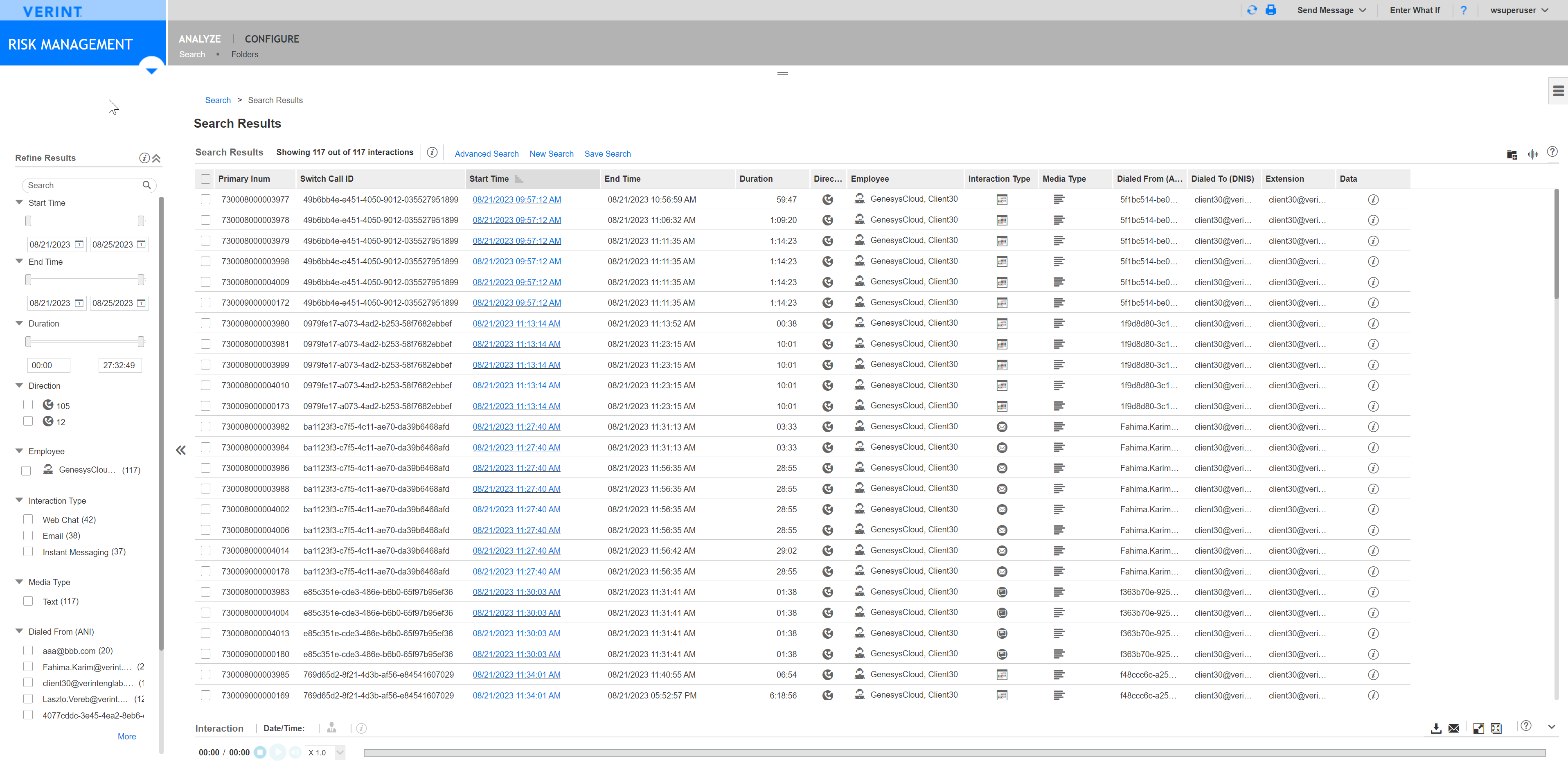 Screenshot of risk management search results