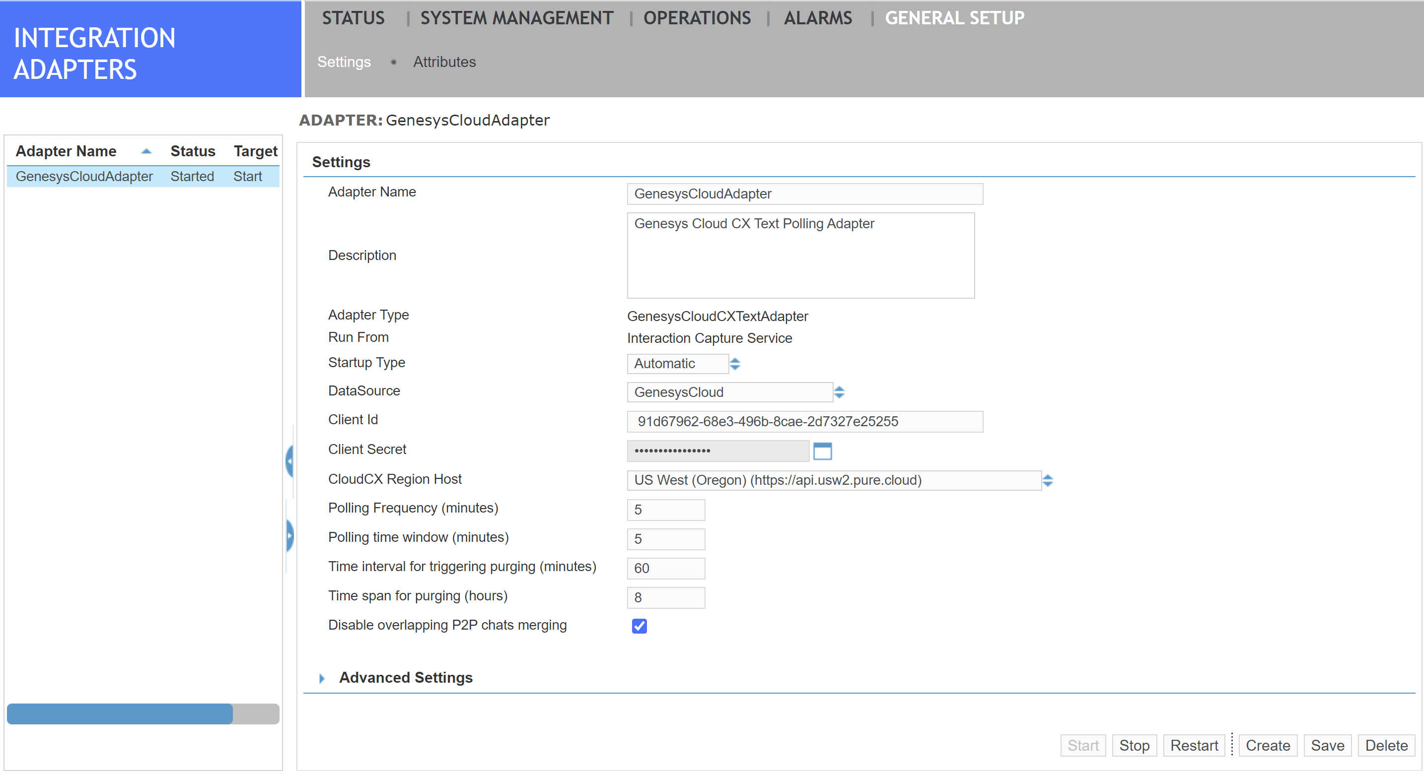 Example of the Genesys Cloud Adapter configured to capture messages from digital channels.