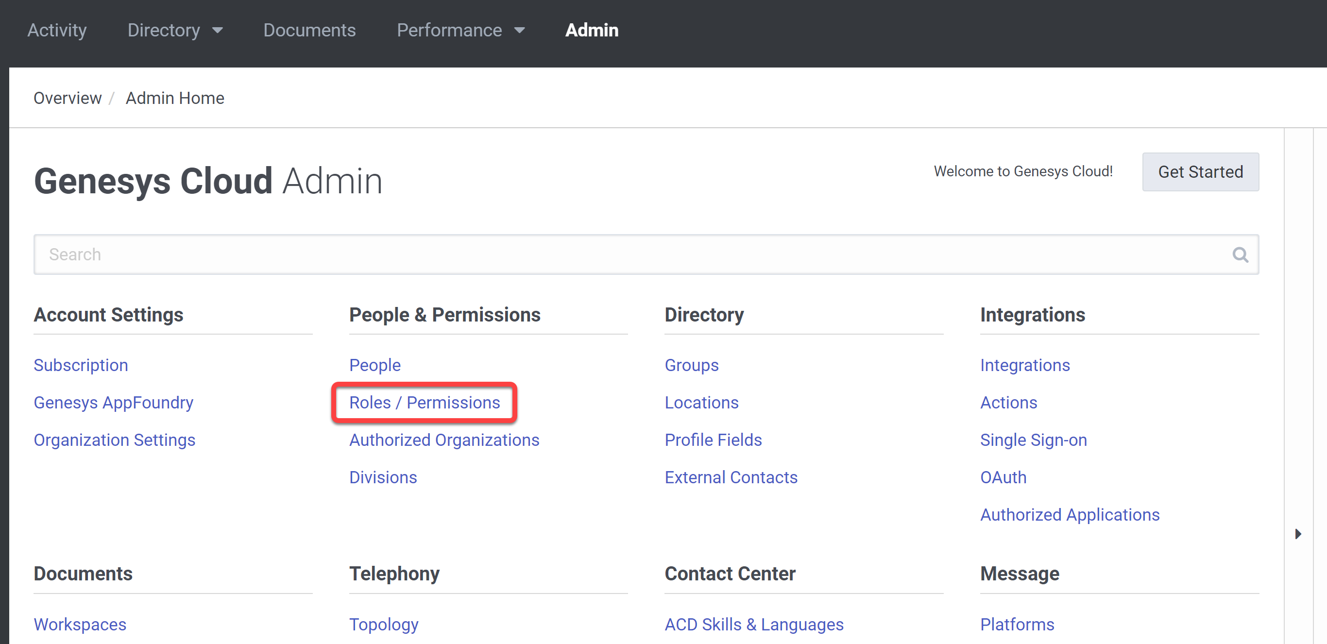Genesys Cloud Admin page