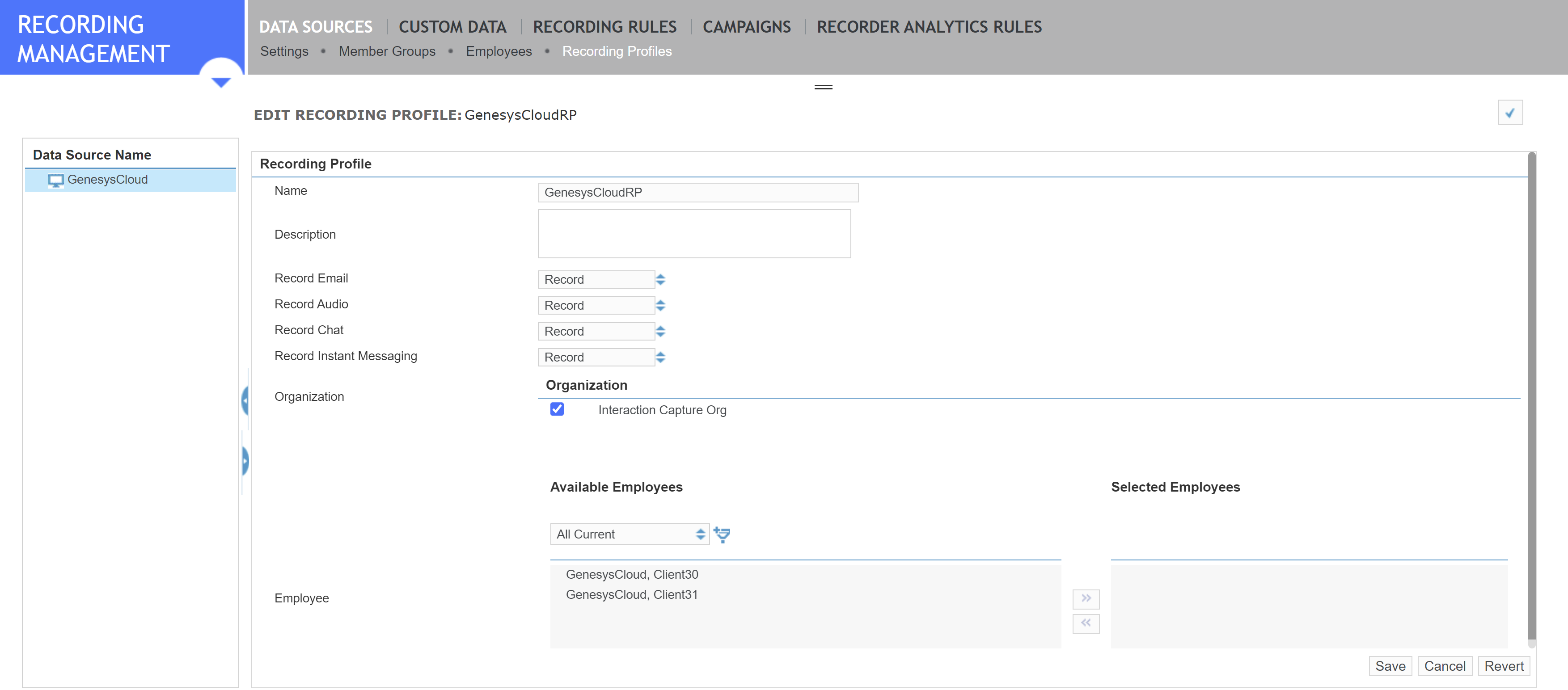 Example of a capture profile for capturing digital channels from Genesys Cloud.
