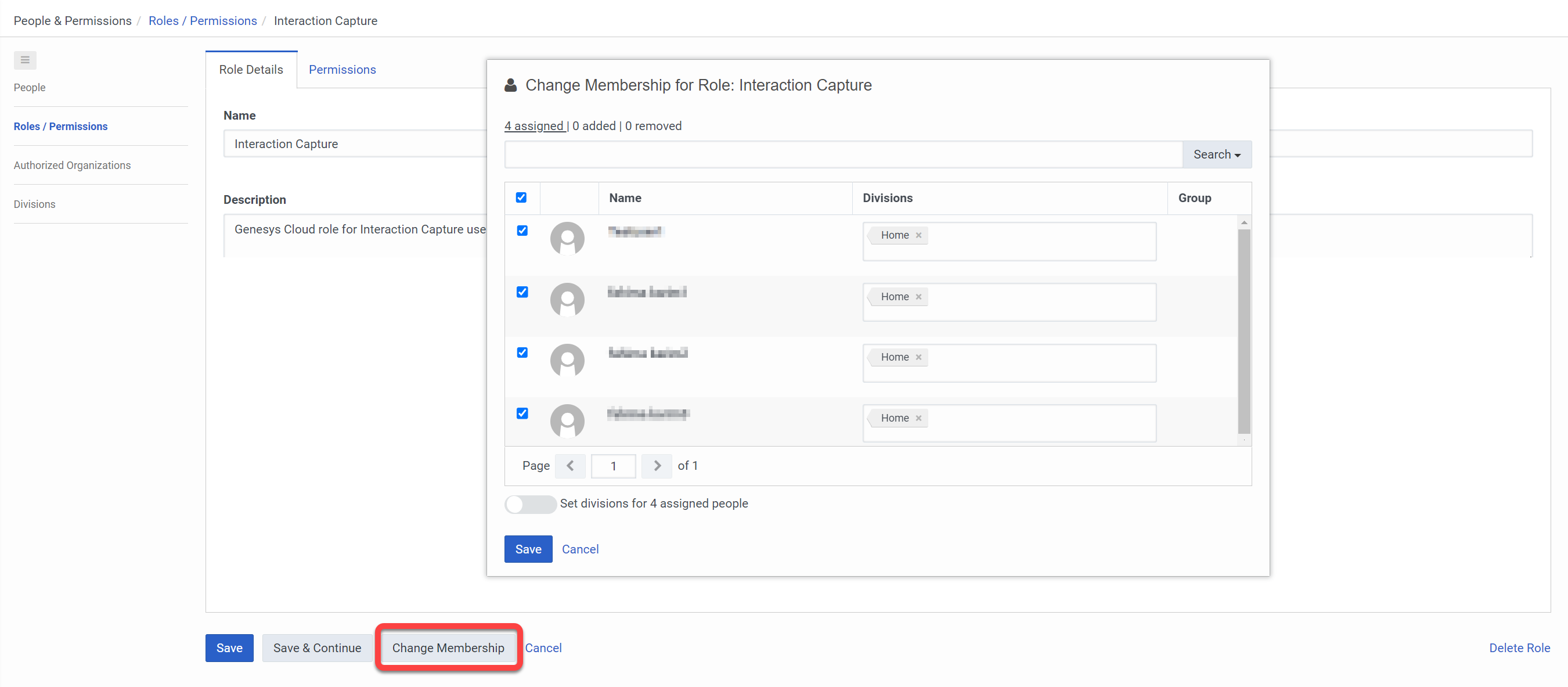 Screenshot: Change membership for a Genesys role.