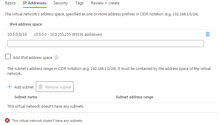 Create new subnet on IP Addresses tab