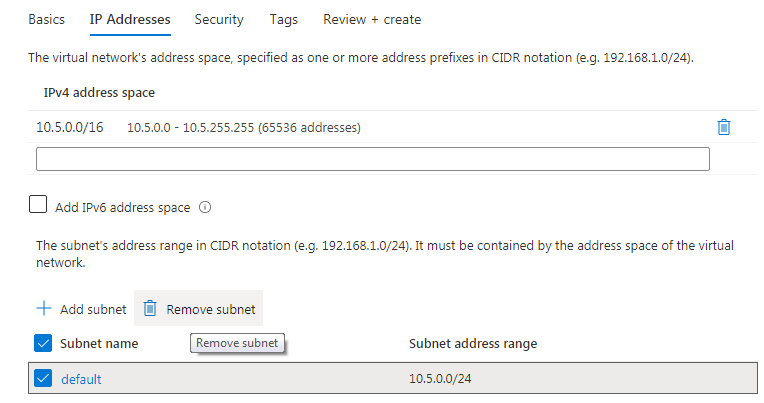 Delete the default subnet on the IP Addresses tab
