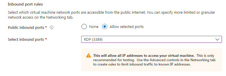 Set the inbound port rules on the Basics tab