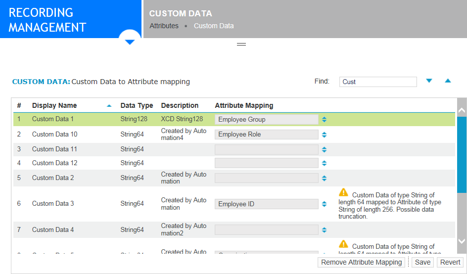 Custom data to attribute mapping screen