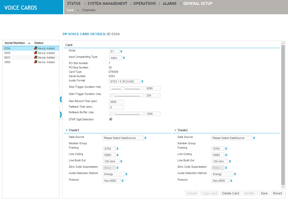 Card screen under General Setup