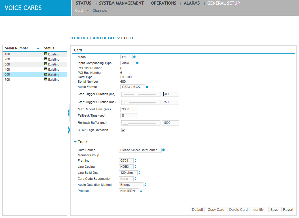 Card screen under General Setup