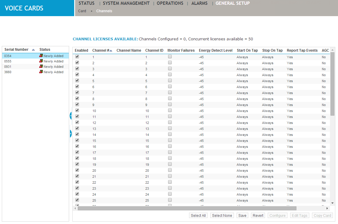 Channels screen under General Setup