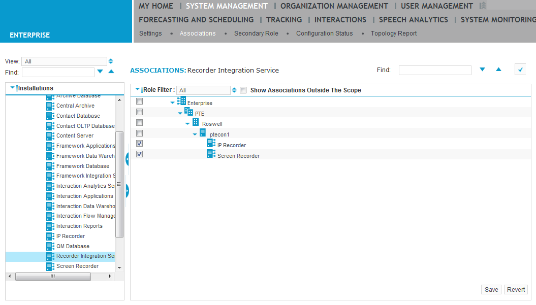 Associations screen under System Management
