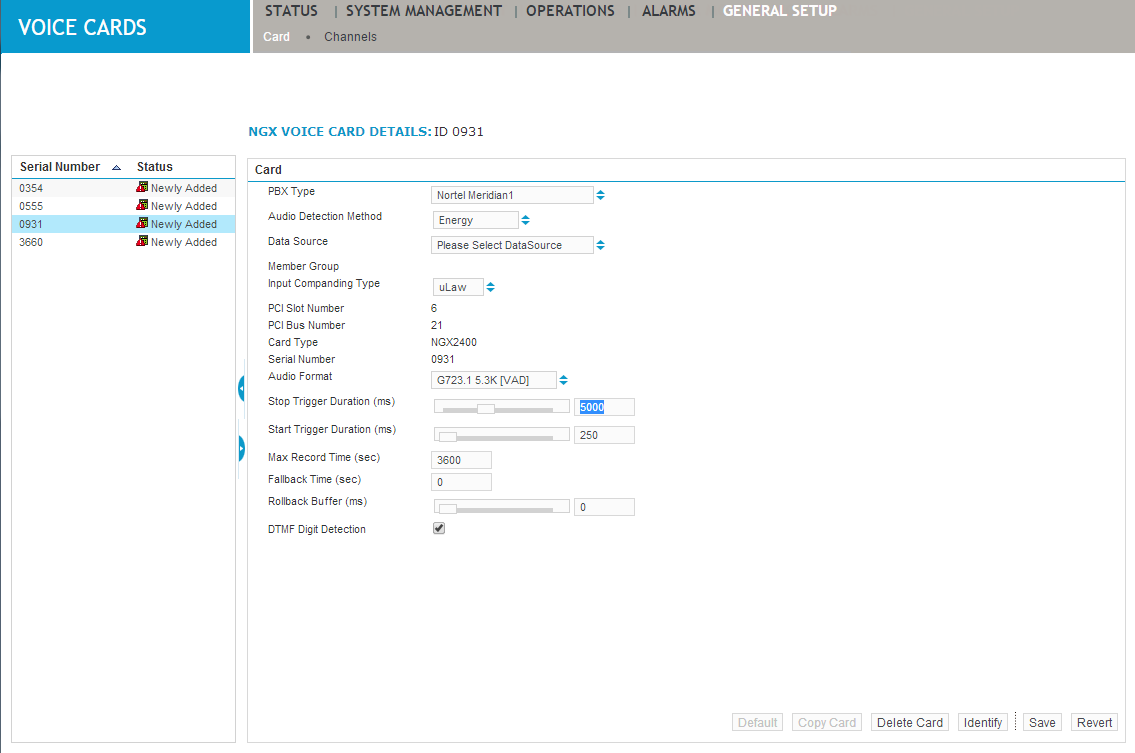 Card screen under General Setup