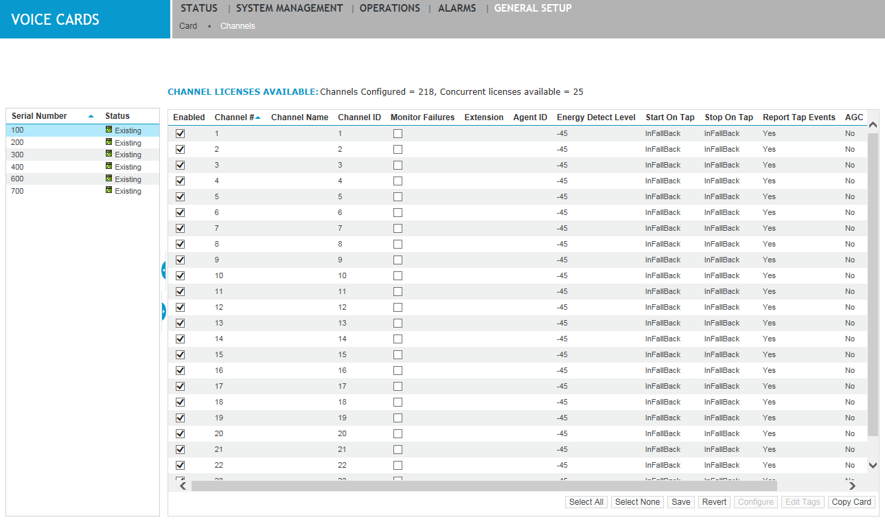 Channels screen under General Setup