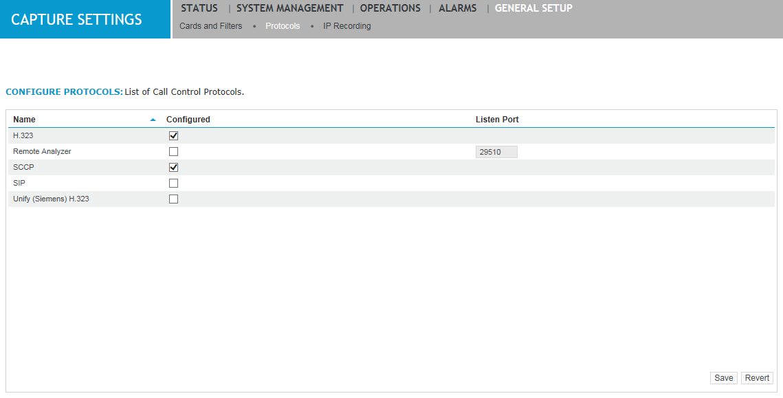 Protocols screen under General Setup
