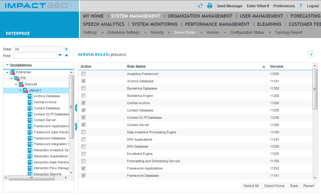 Server Roles screen in System Management