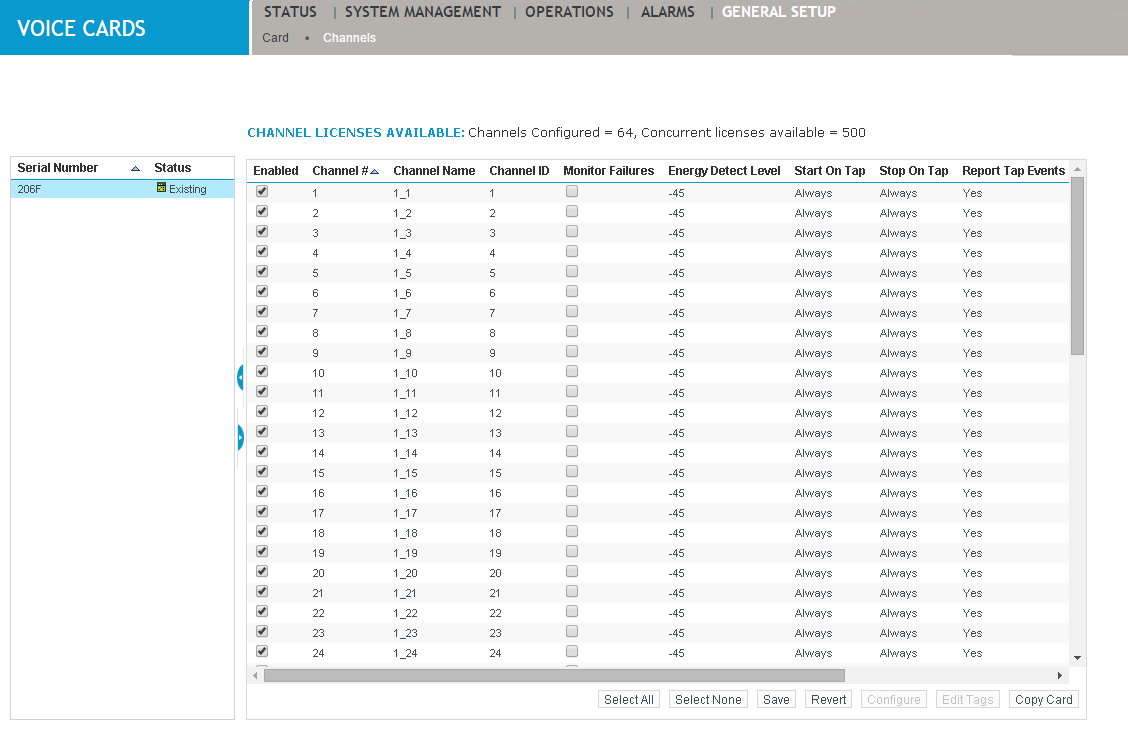 Channels screen under General Setup