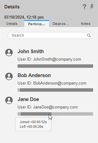 Details pane showing call segment meeting participants and attendance