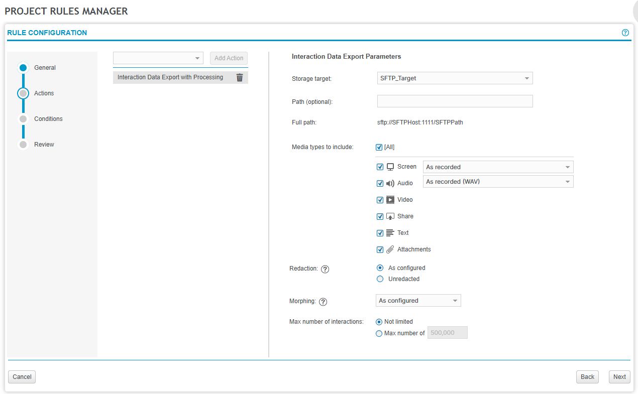 Interactions data export with processing, actions