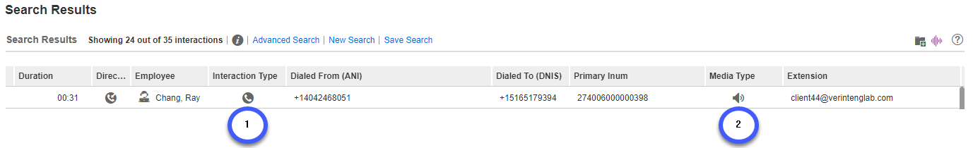 Interactions search results for a capture audio call interaction.