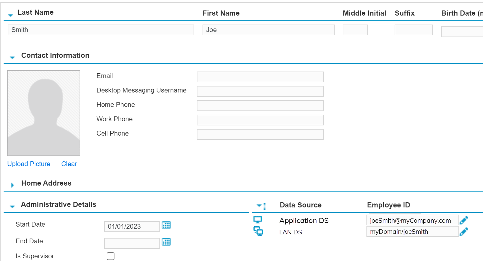 Employee account minimum required fields and select a data source