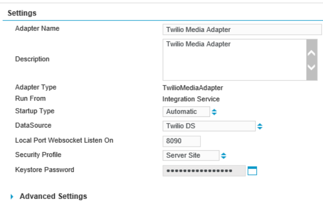 Example of the Twilio Media Adapter page with sample settings 