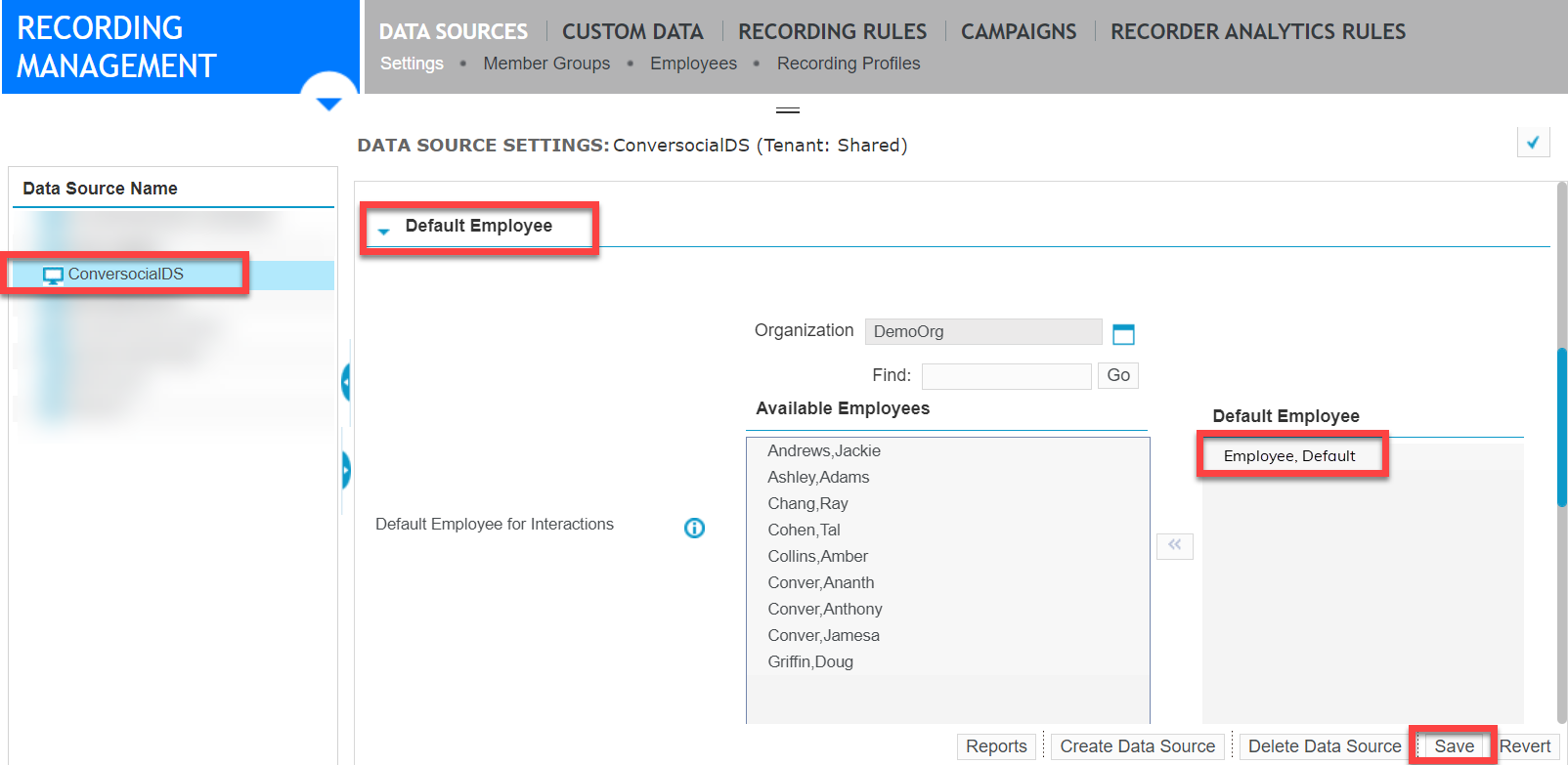 Assign default employee to the Conversocial data source.