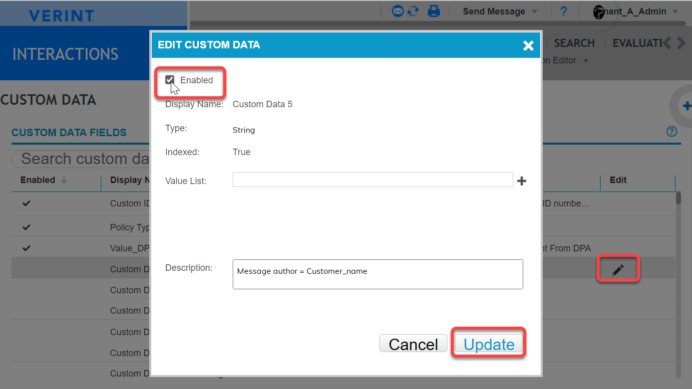 Screen shot: Enable custom fields for Interactions