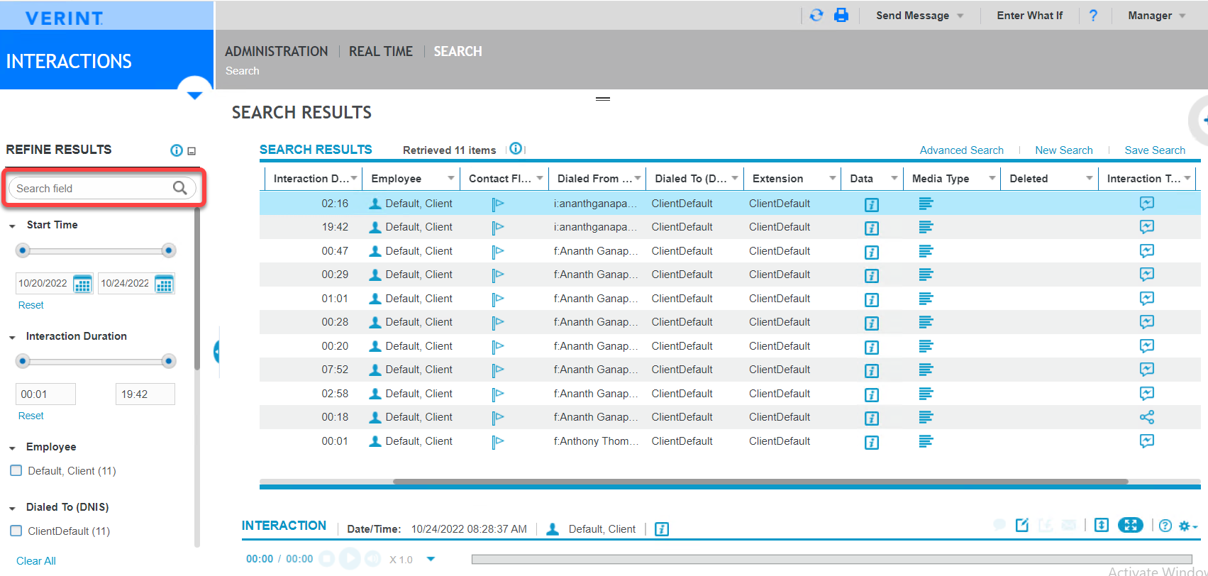 Verint Interactions Search Results