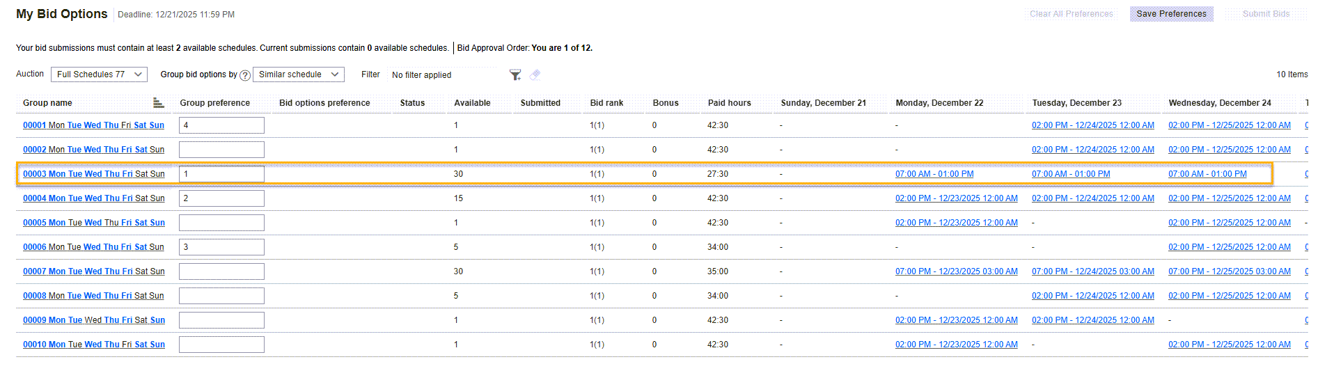 Full Schedule Period - Group Preference