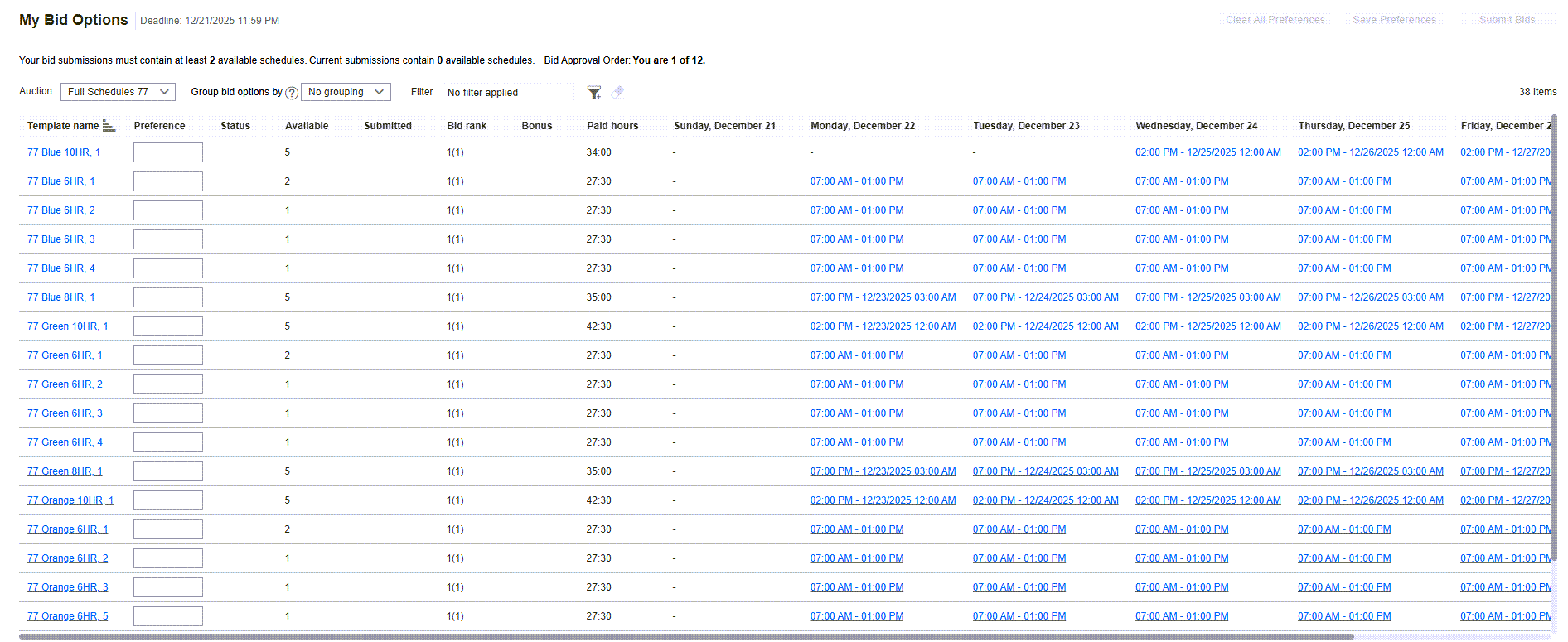 Full Period Schedule Auction - Non-Grouped Default View