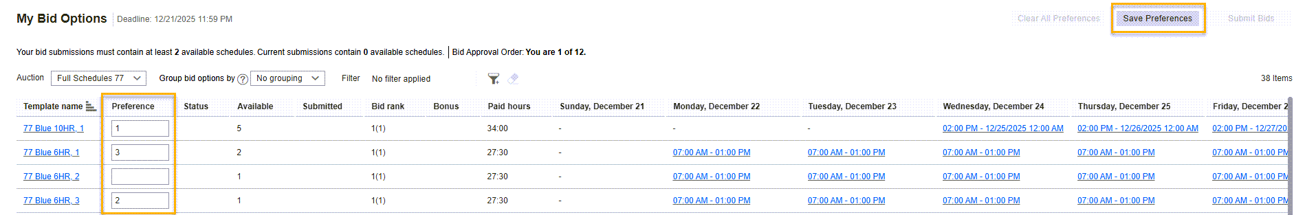 Submit Multiple Non-Grouped Bids - Save Preferences