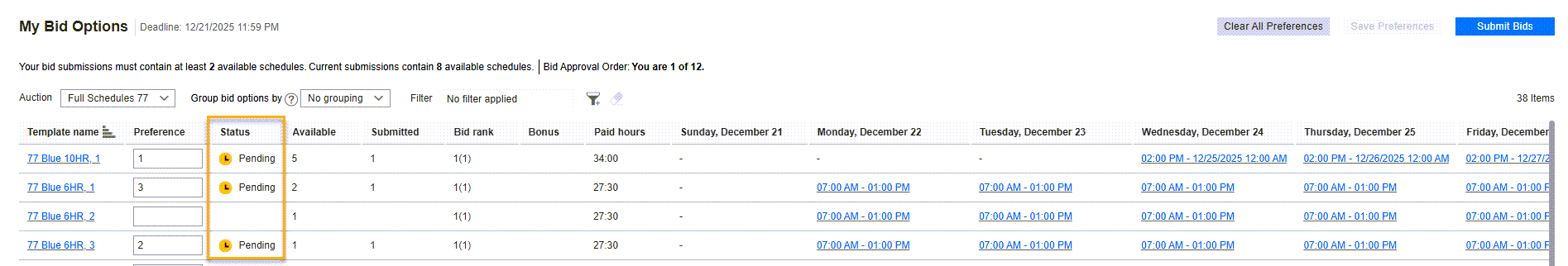 Full Schedule Period Auction for Non-Grouped Shift Bids