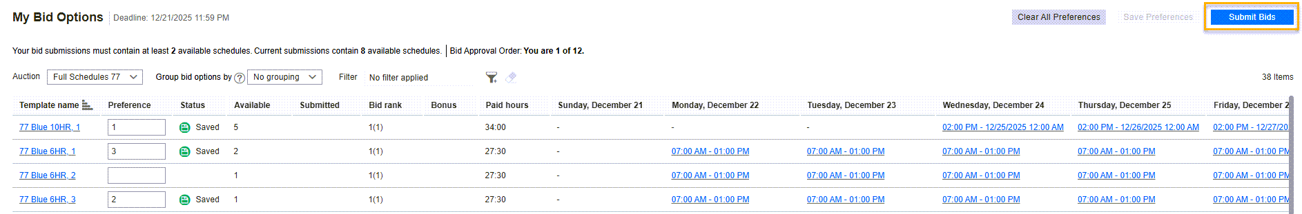 Submit Bids for Multiple, Non-Grouped Shift Bids