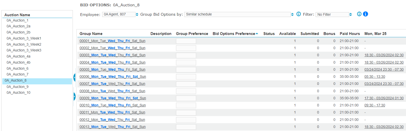 Full Schedule Period Auction - Grouped Bid Options