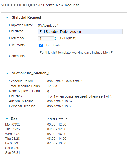 Full Schedule Period Auction - Shift Bid Request Form