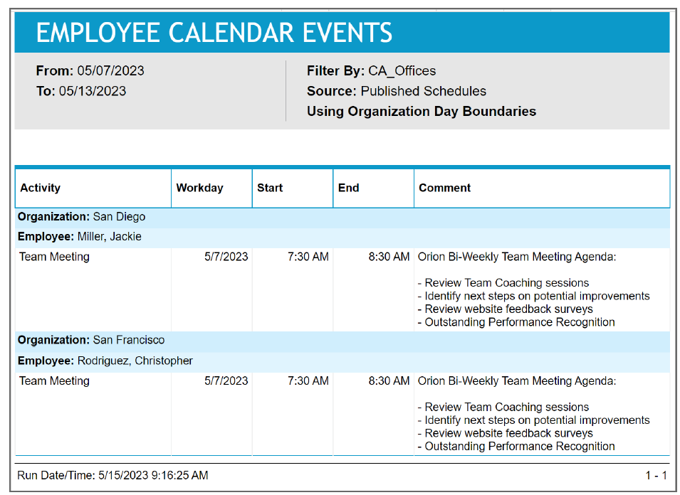Employee Calendar Events