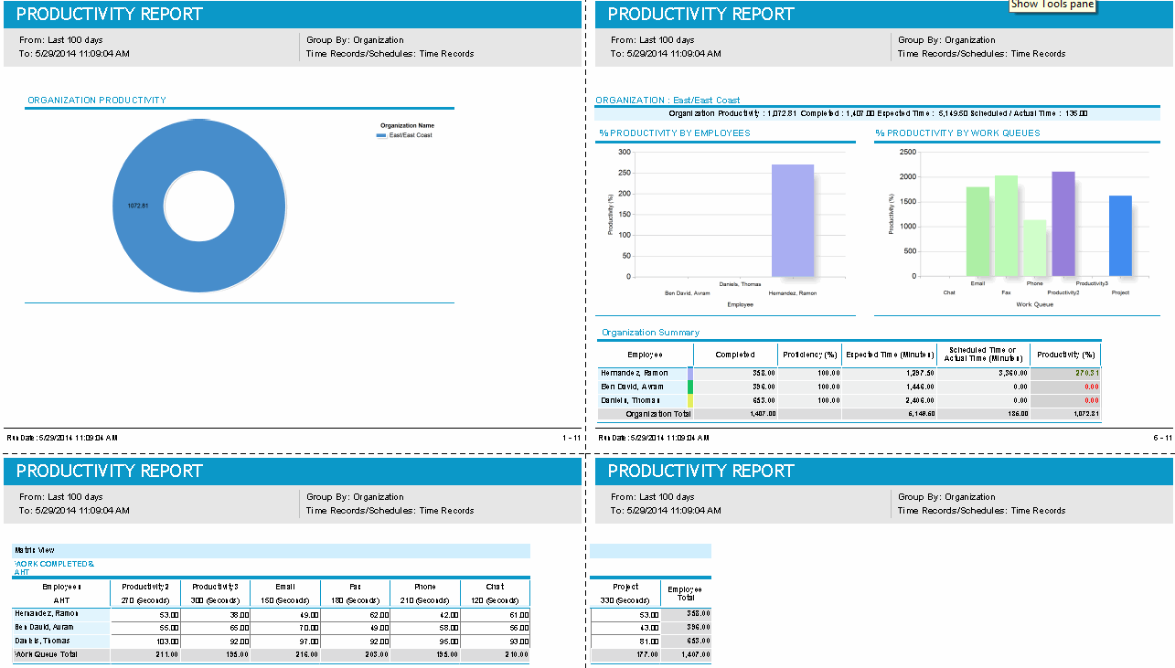 Productivity Report, Matrix, Report for Time Records, Grouped by Organization
