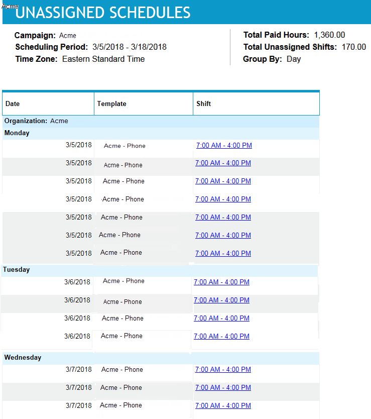 Unassigned Schedules