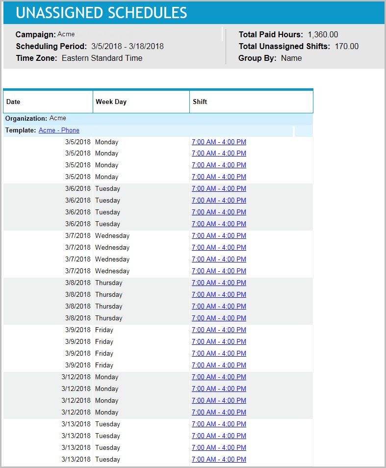 Unassigned Schedules