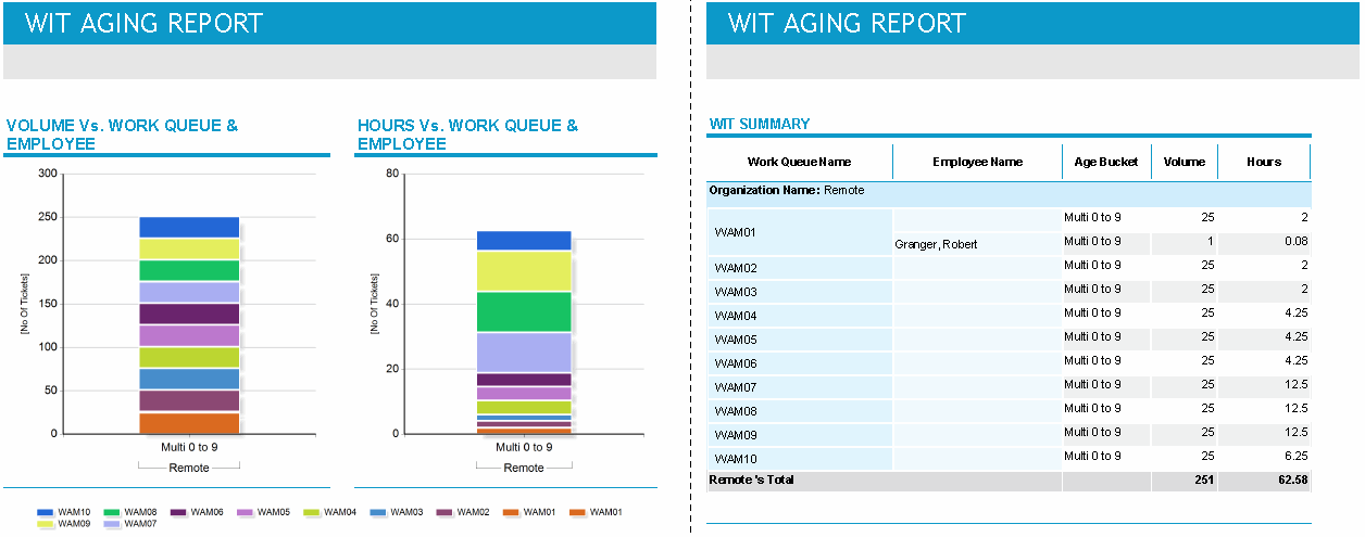 WIT Aging Report, Employee Vs Work Queue By Age Bucket