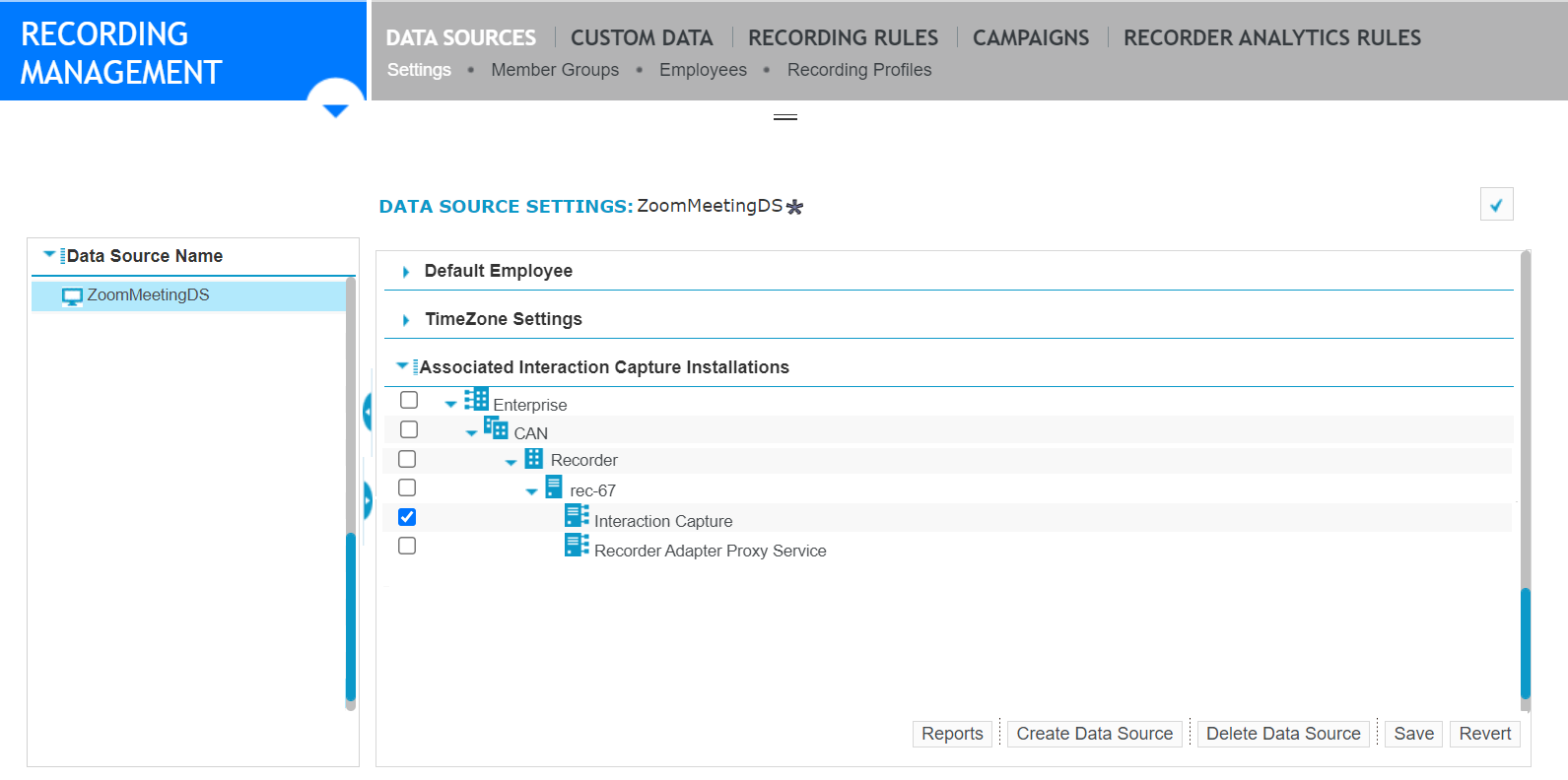 Zoom Application Data Source showing Associated Interaction Capture Installations