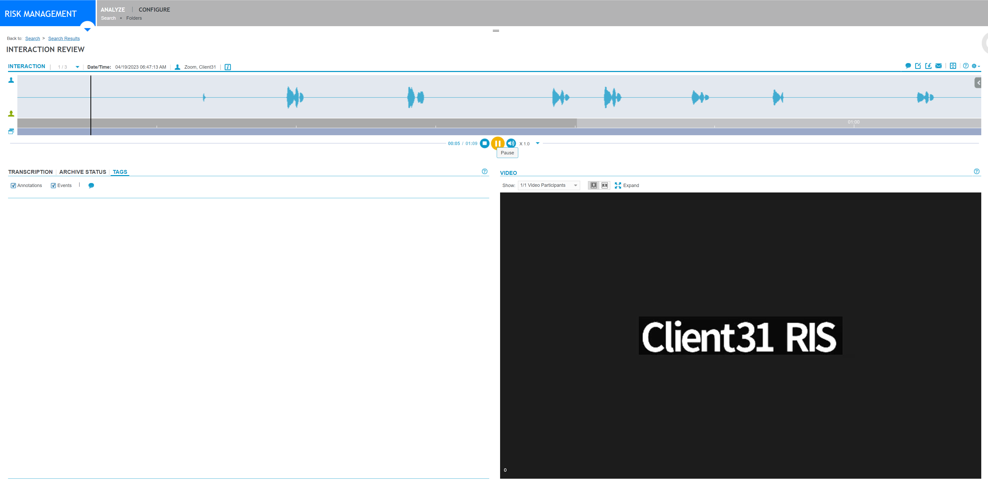 Verint Risk Management Interaction Review for a meeting that did not contain video nor screen sharing