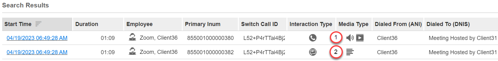 Screen capture of the Interactions Search Results for Zoom Meetings